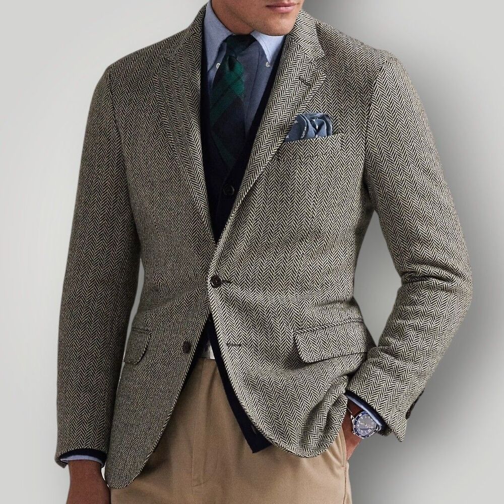 Vintage Mens Blazer Sport Coat 2-Button Jacket Gray Herringbone 42R Camel Wool